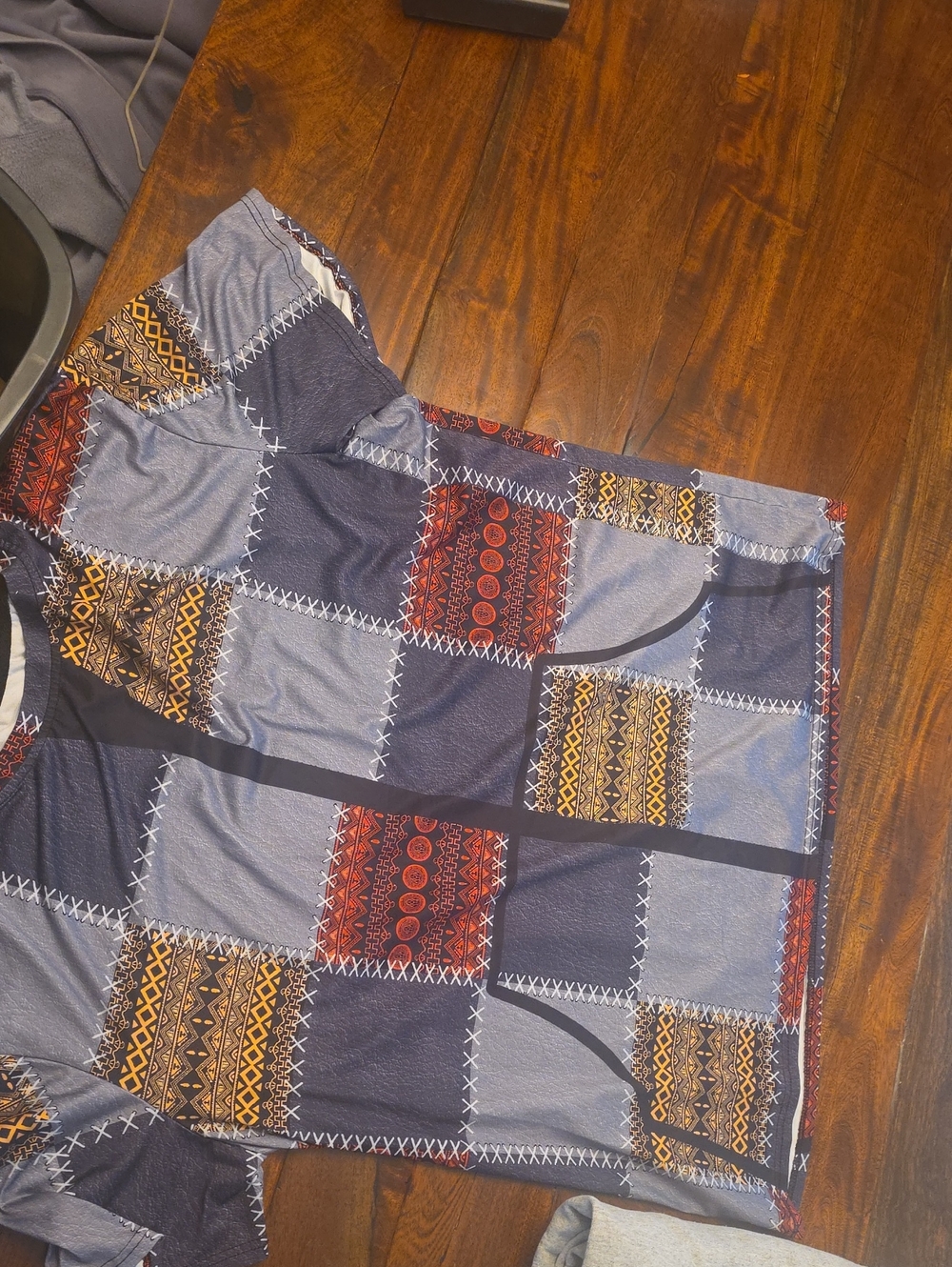 Patchwork Print Button-Up Shirt in Navy, Gray, Red & Mustard